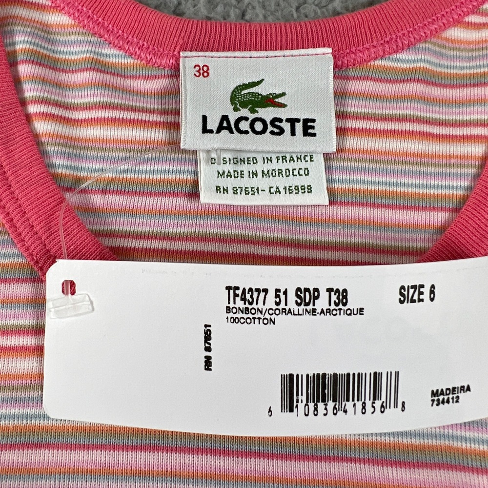 Lacoste Tank Top Women's US Size M (EU/6) Pink Striped Cotton Ribbed Scoop Neck - Picture 4 of 10